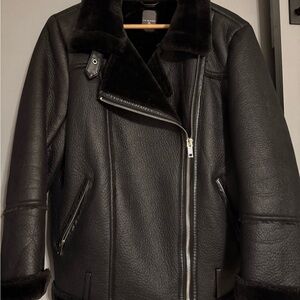 Primark Black Leather Jacket with Shearling Collar